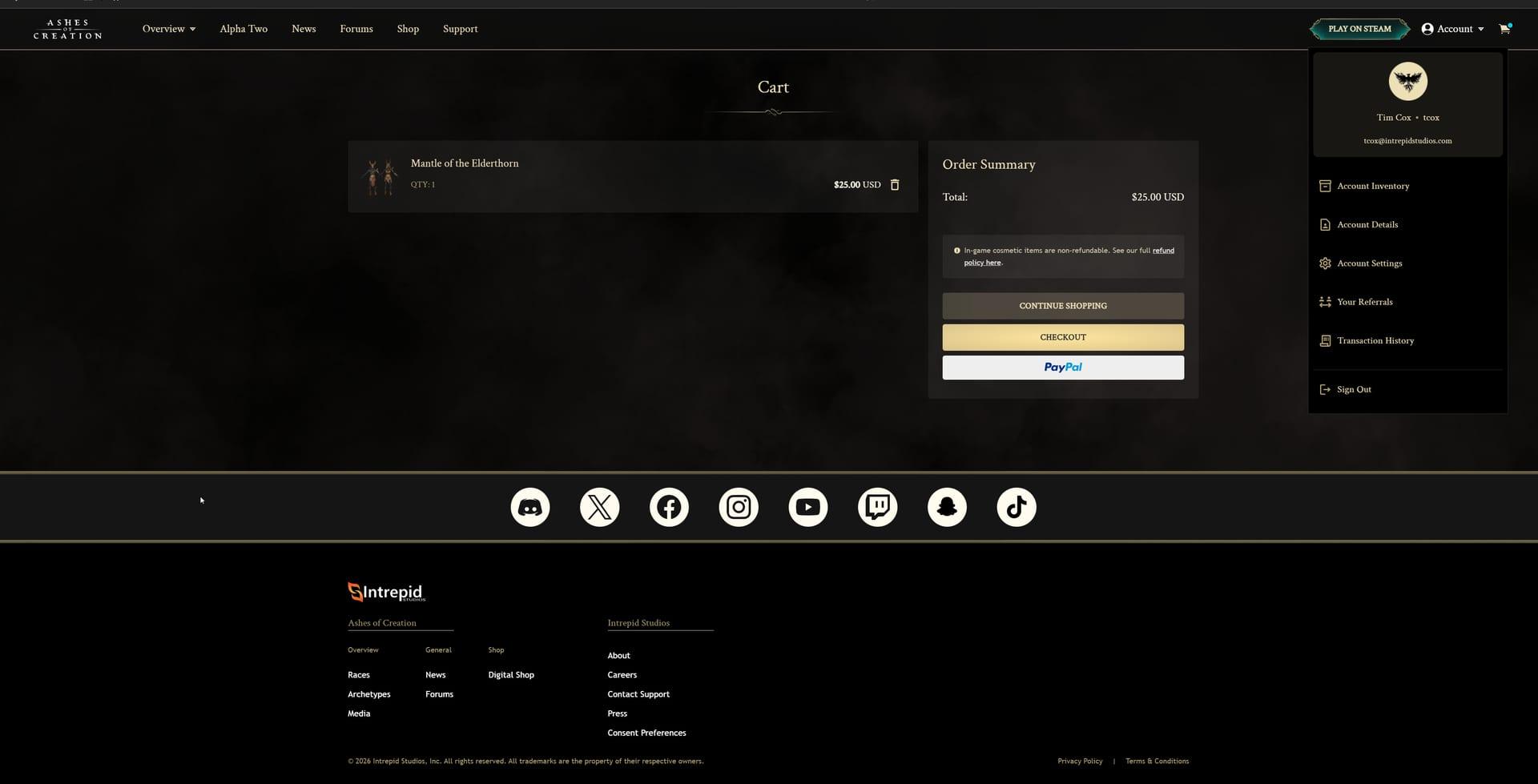 Intrepid Studios website screenshot: Ashes of Creation — Cart