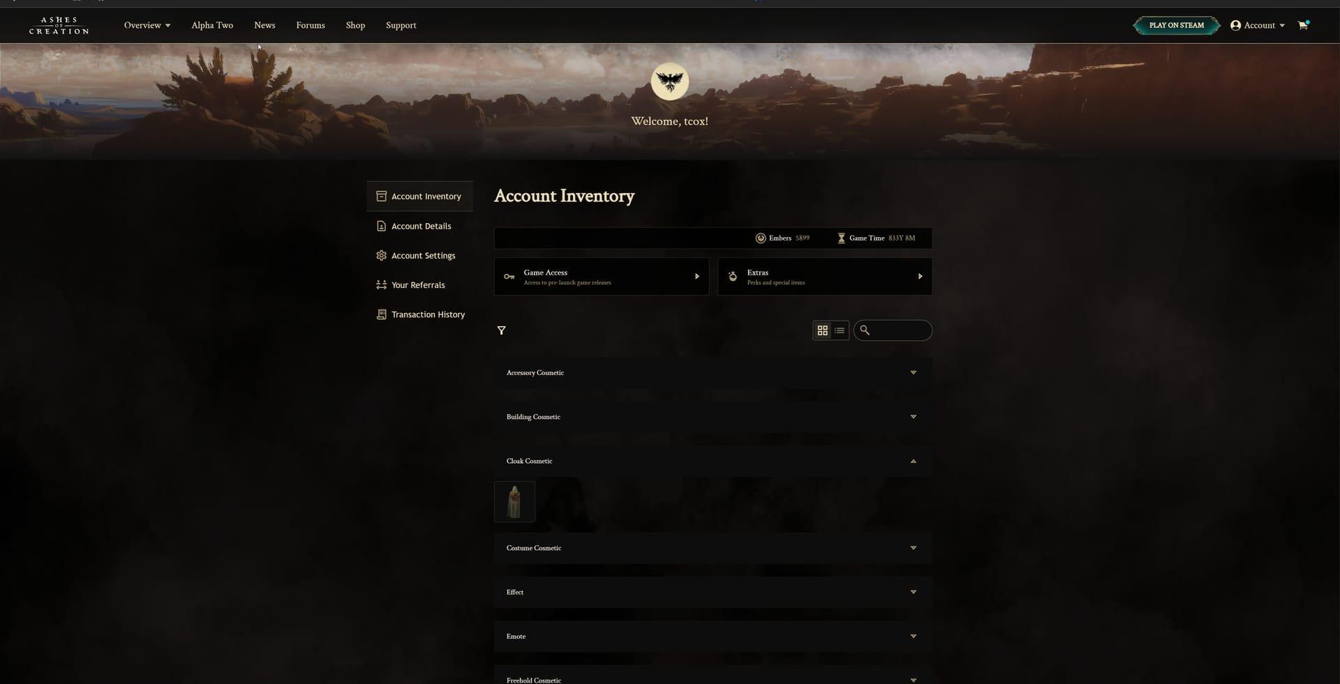 Intrepid Studios website screenshot: Ashes of Creation — Account Inventory