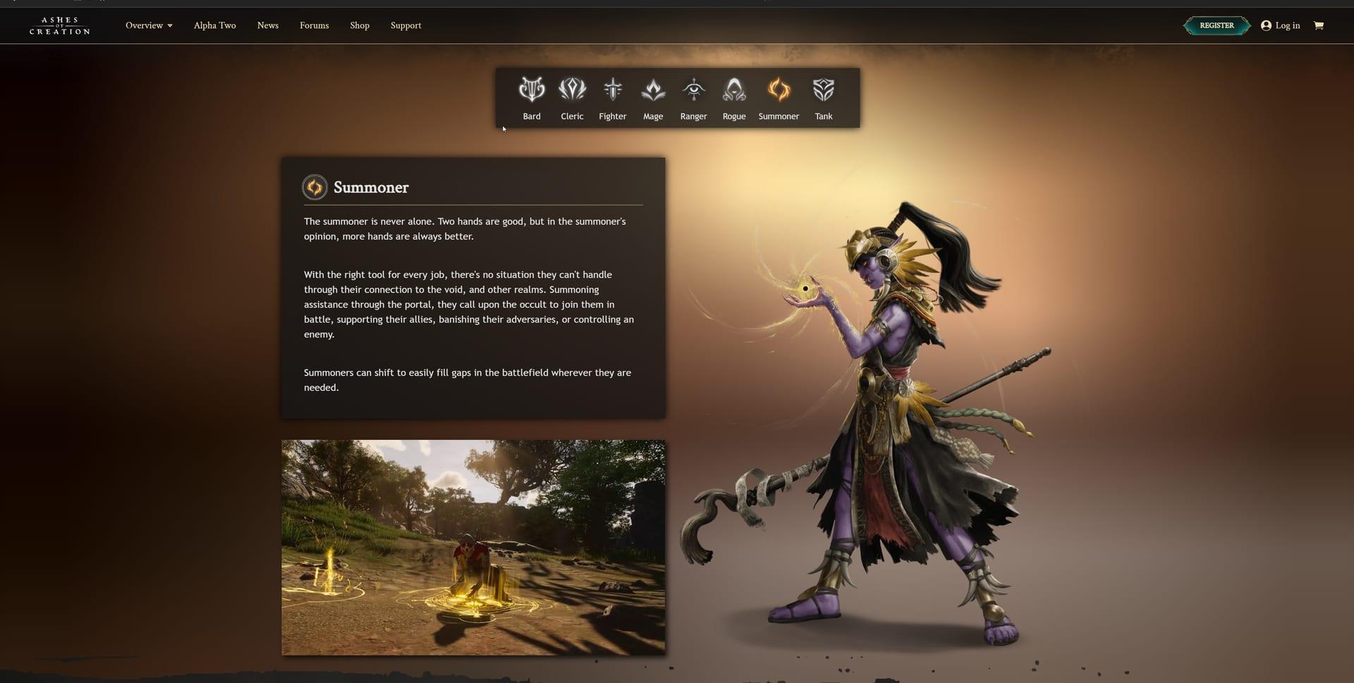 Intrepid Studios website screenshot: Ashes of Creation — Archetype Grid