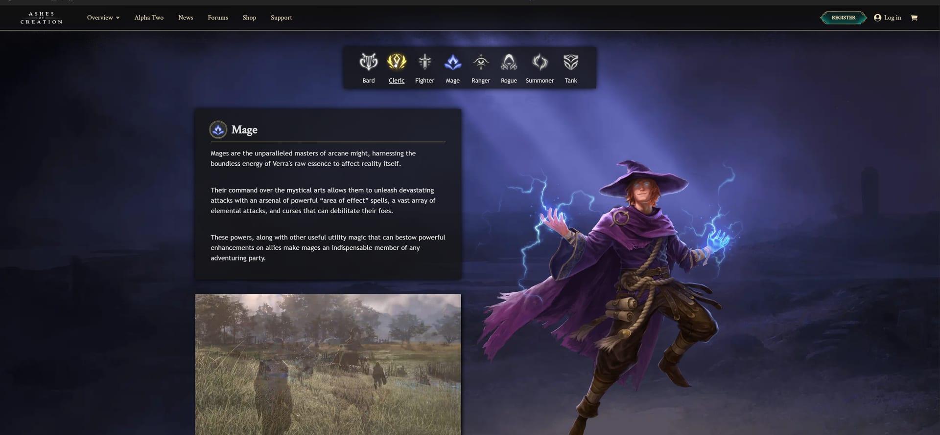 Intrepid Studios website screenshot: Ashes of Creation — Cleric