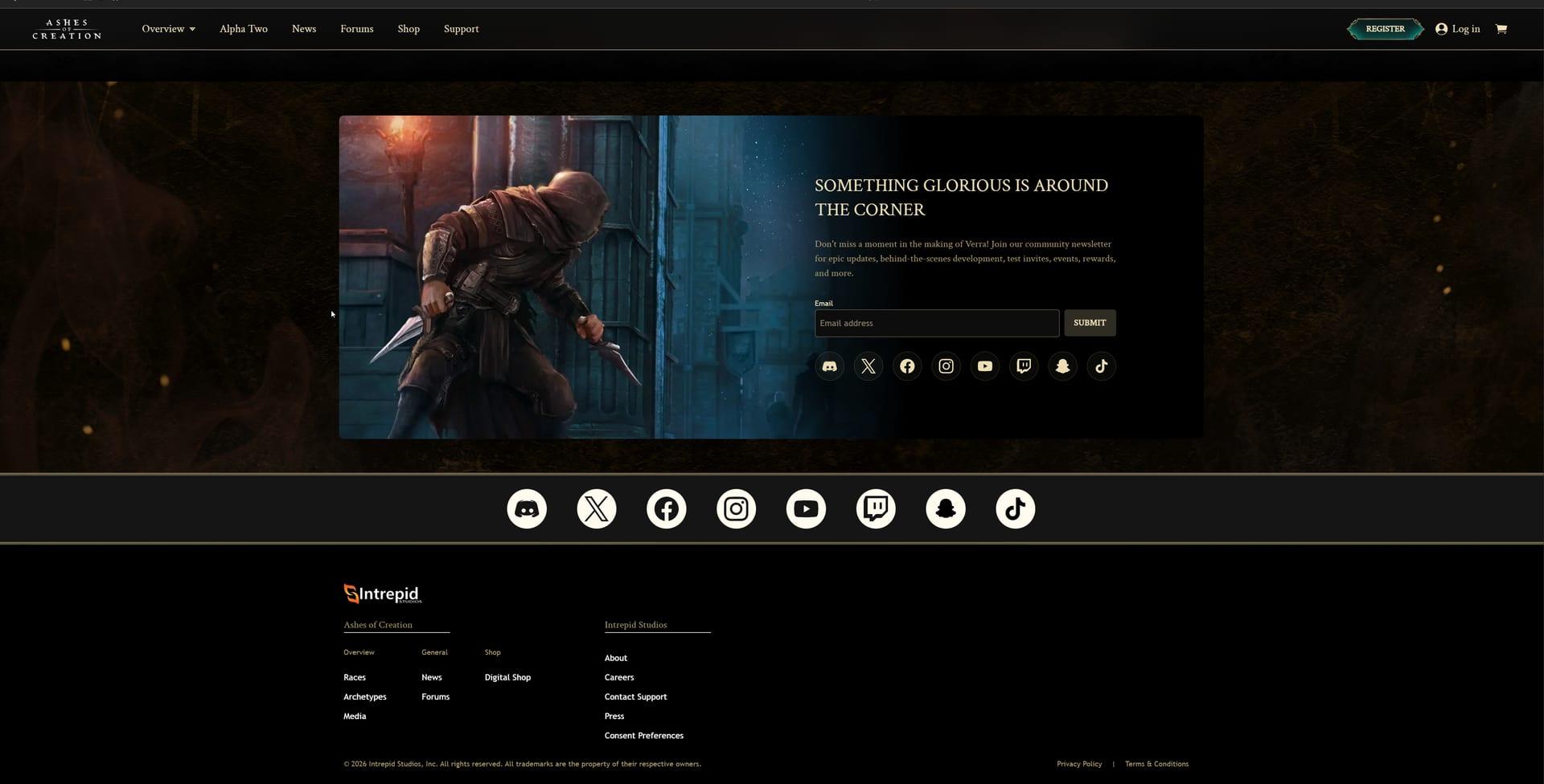 Intrepid Studios website screenshot: Ashes of Creation — Alpha Two CTA
