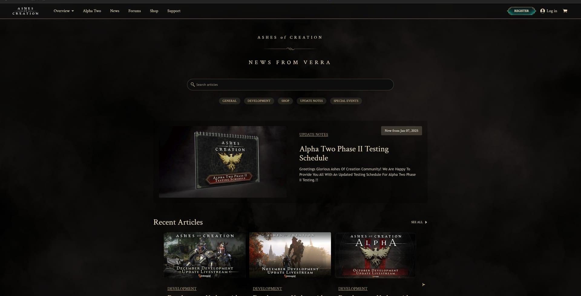 Intrepid Studios website screenshot: Ashes of Creation — Alpha Two News