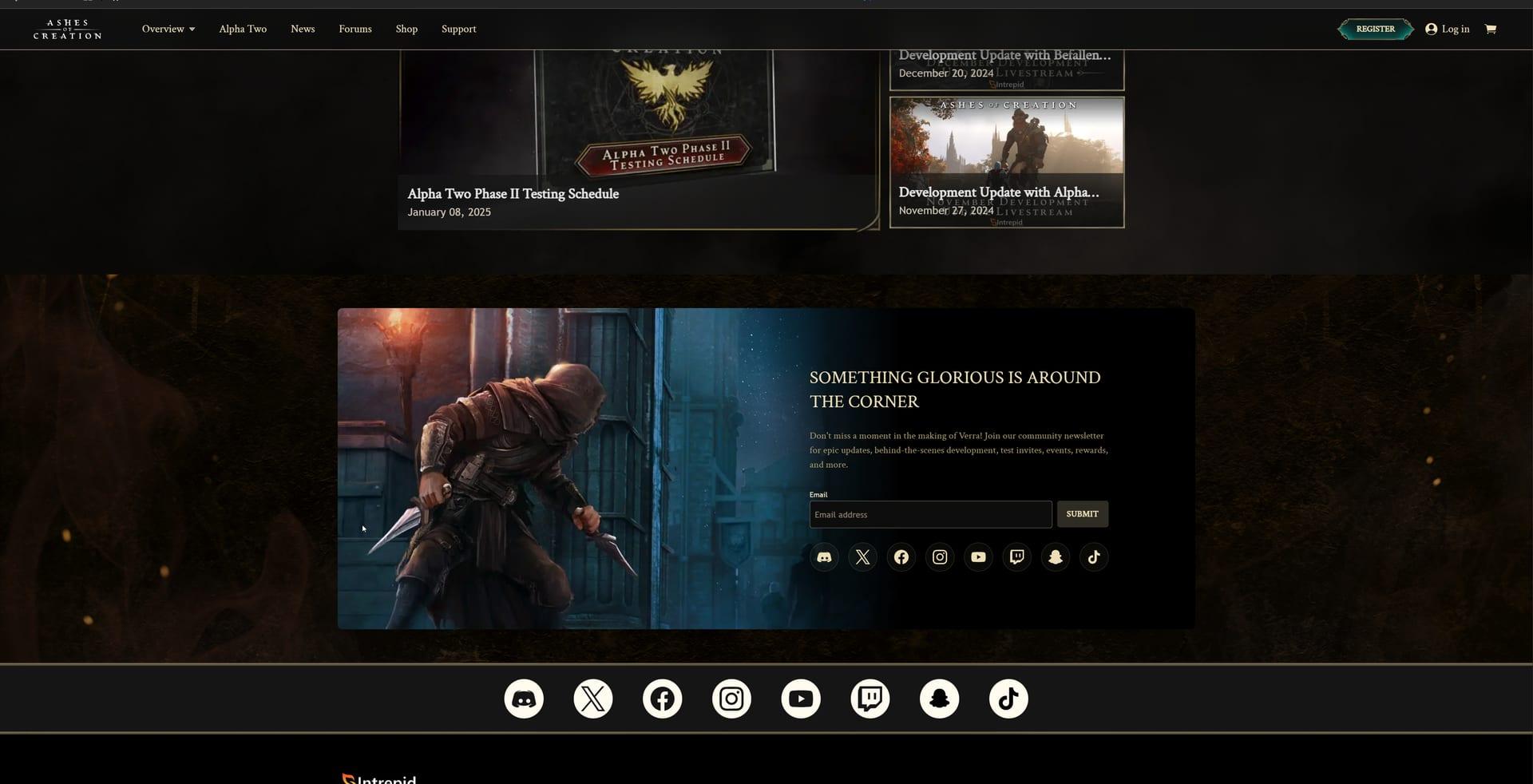 Intrepid Studios website screenshot: Ashes of Creation — Home Updates