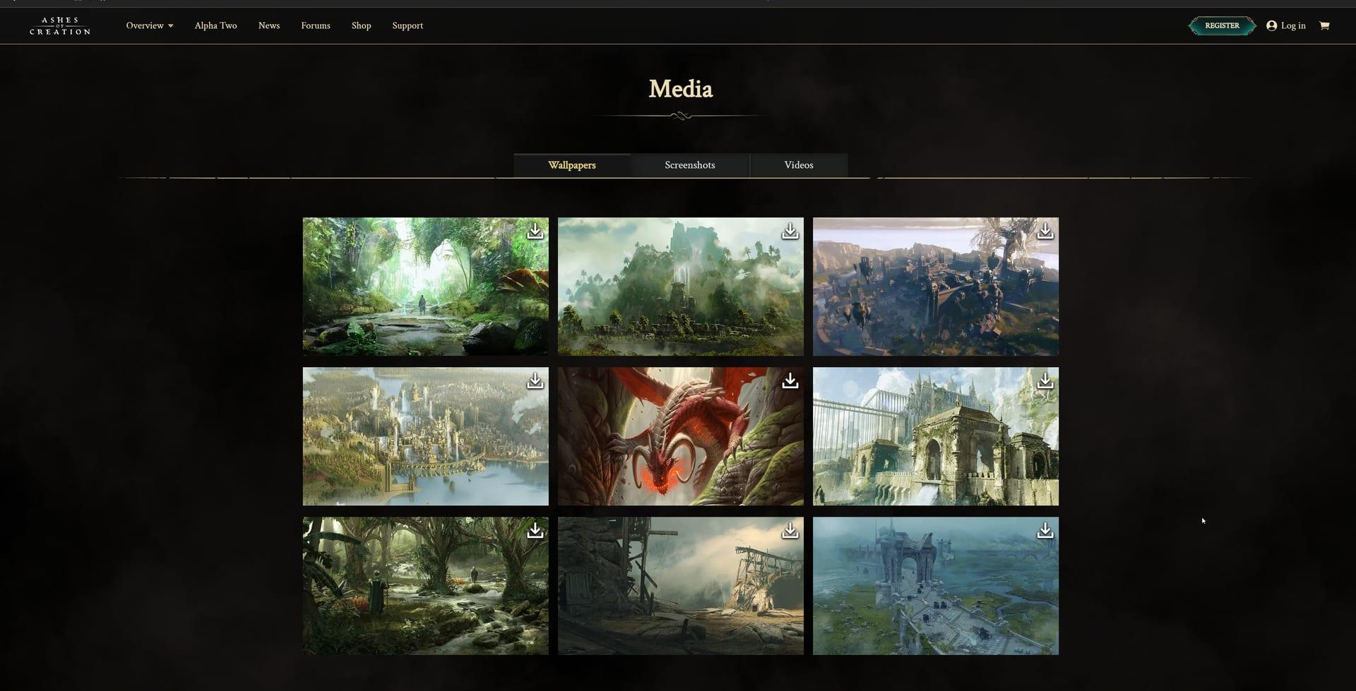 Intrepid Studios website screenshot: Ashes of Creation — Media