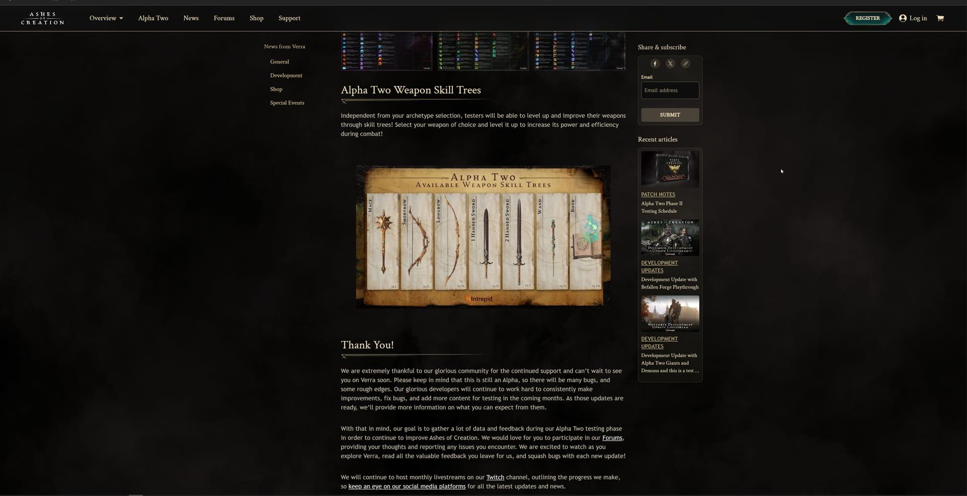 Intrepid Studios website screenshot: Ashes of Creation — Latest News