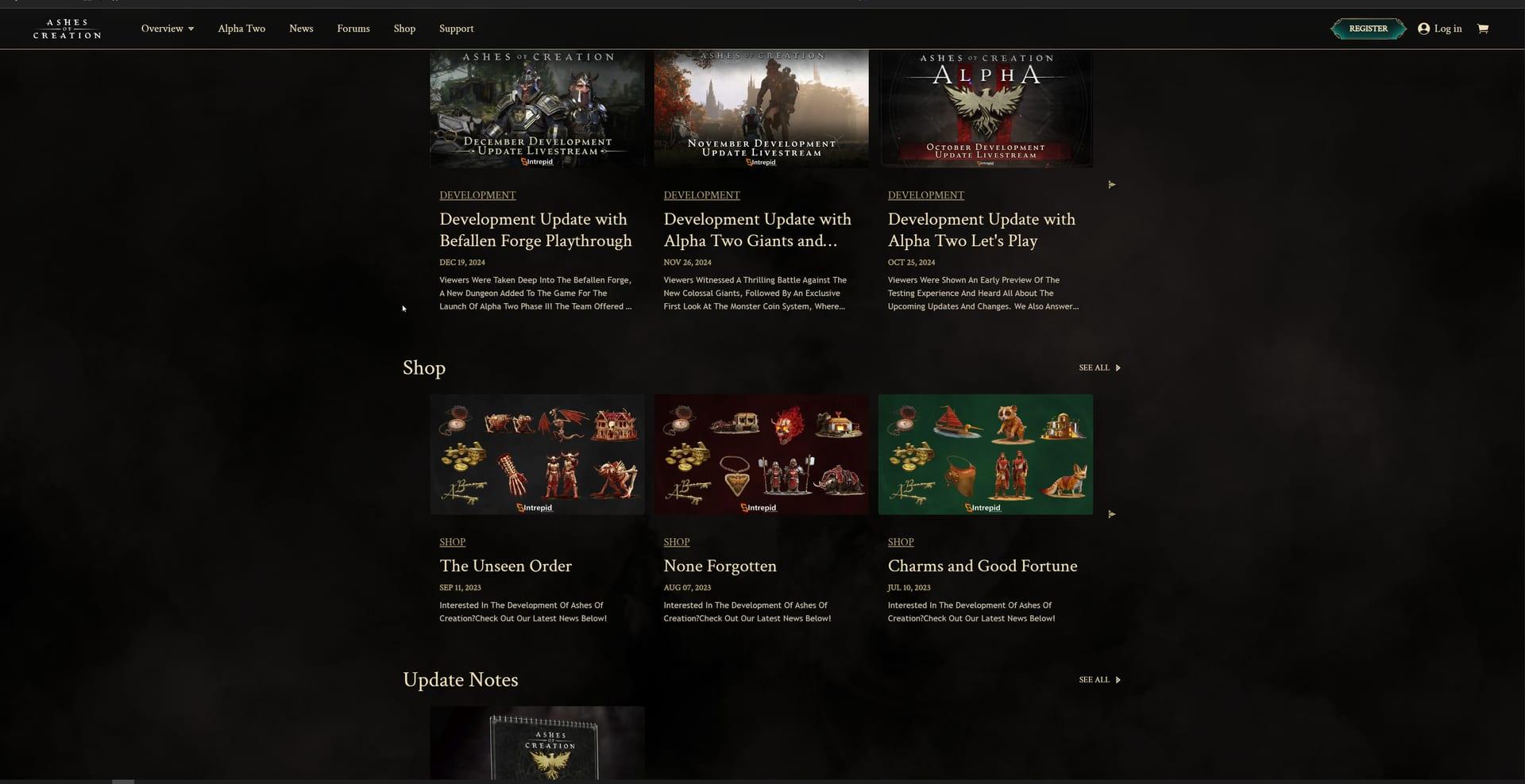 Intrepid Studios website screenshot: Ashes of Creation — News Feed