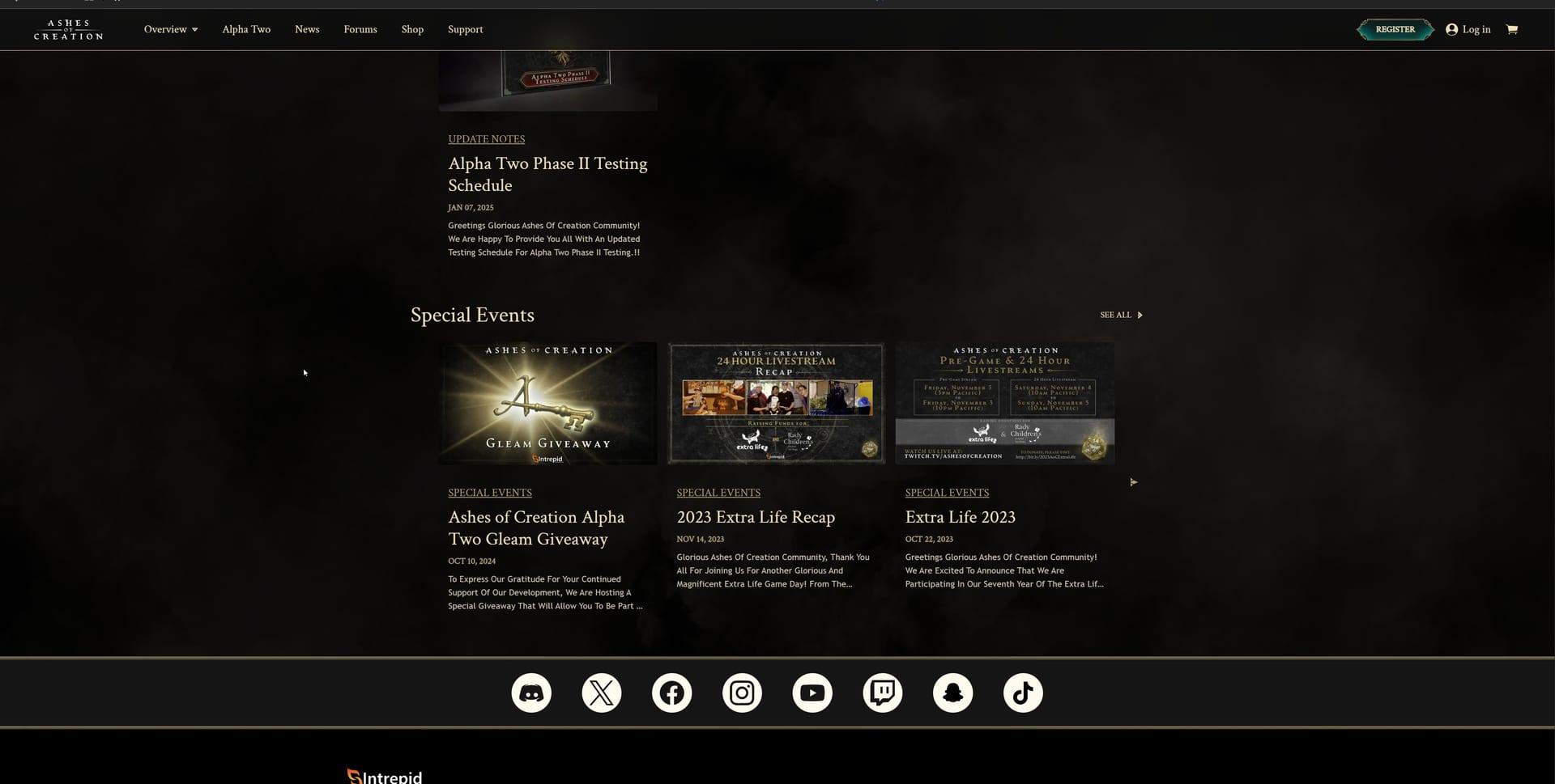 Intrepid Studios website screenshot: Ashes of Creation — Article