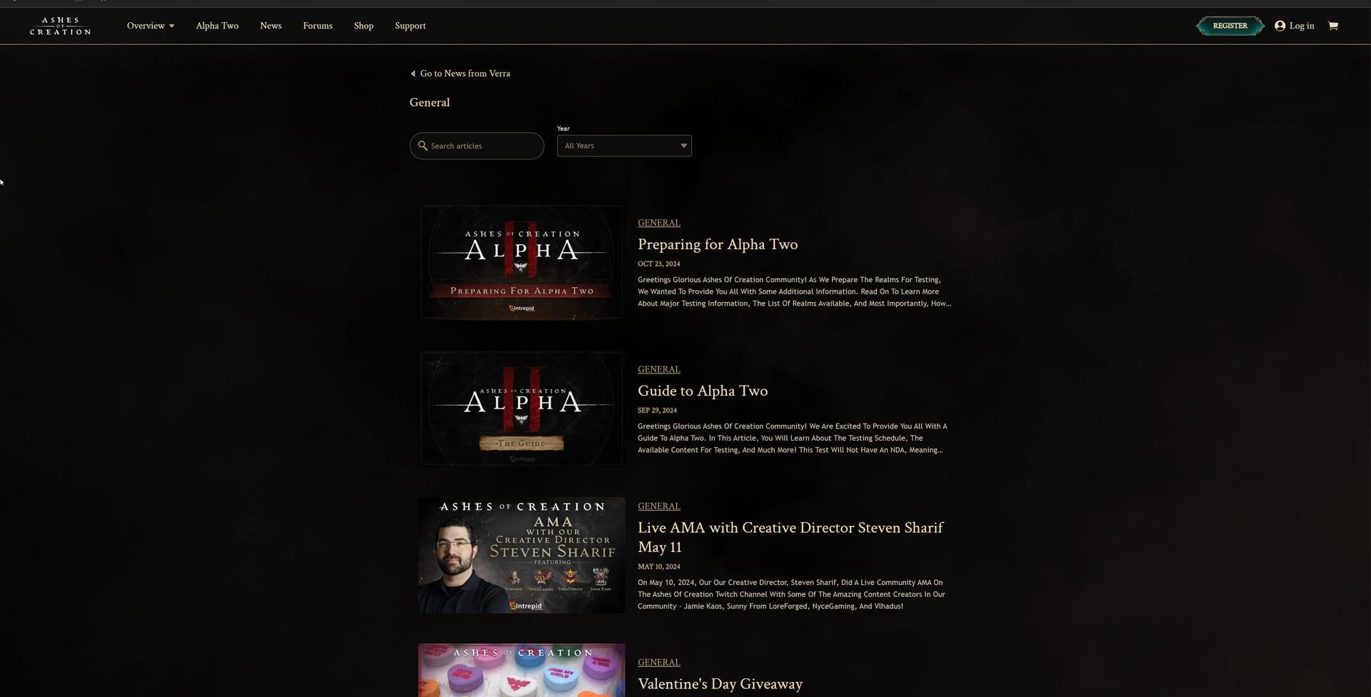 Intrepid Studios website screenshot: Ashes of Creation — News Detail