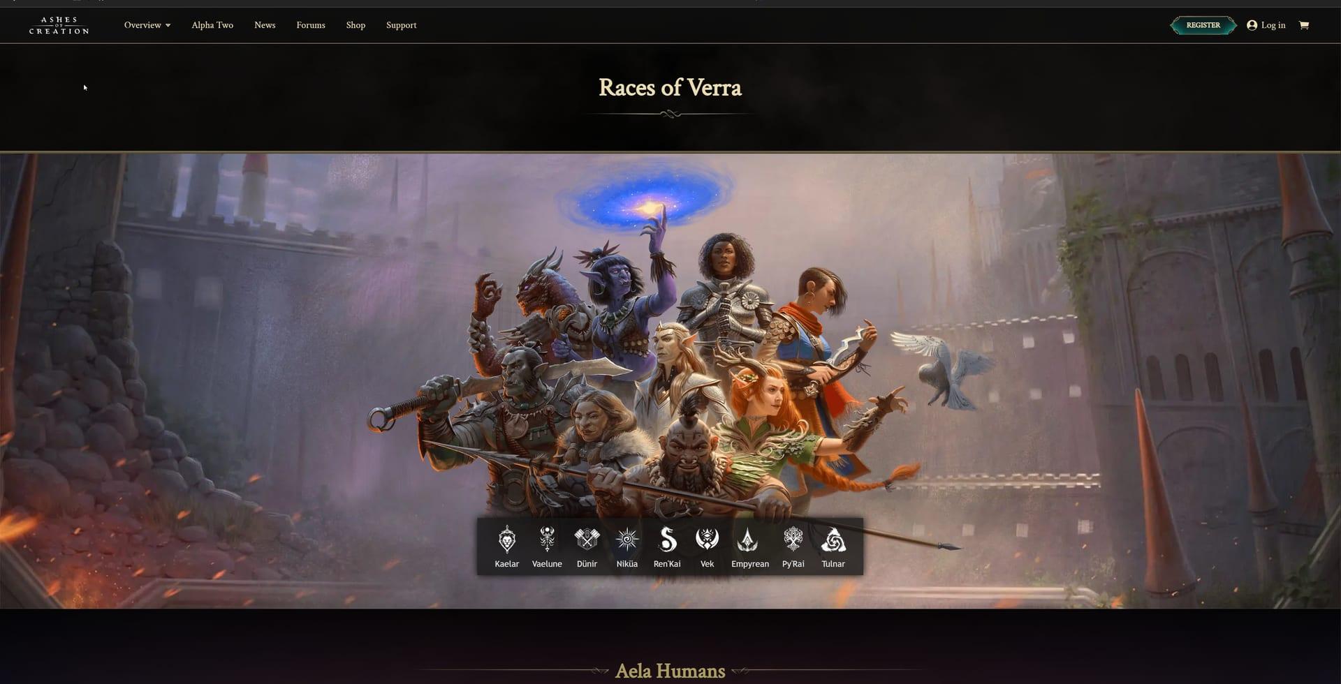 Intrepid Studios website screenshot: Ashes of Creation — Races of Verra