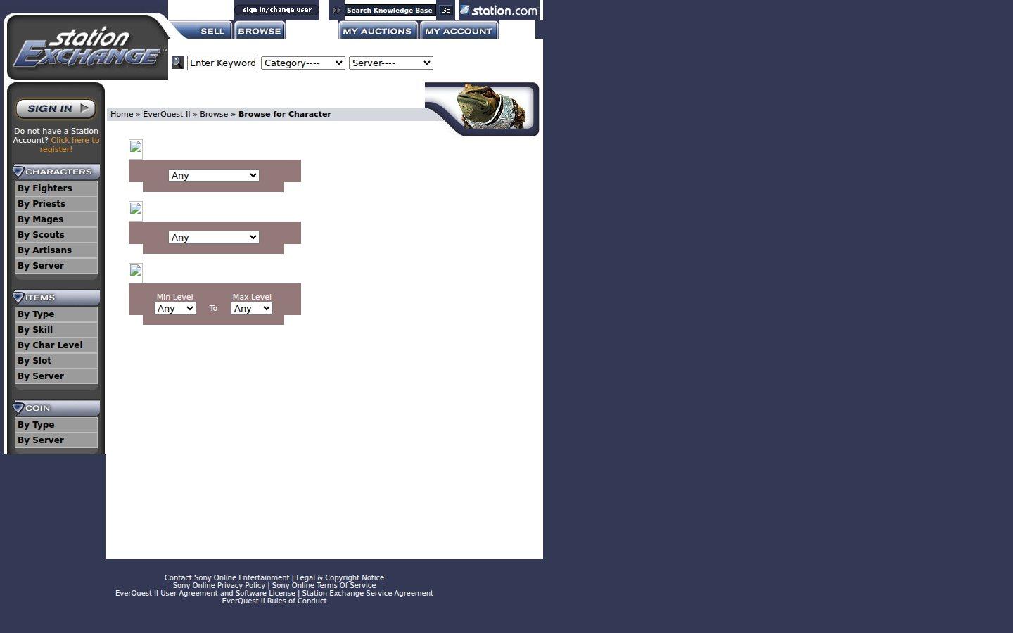 Sony Online Entertainment website screenshot: Station Exchange — Browse Characters