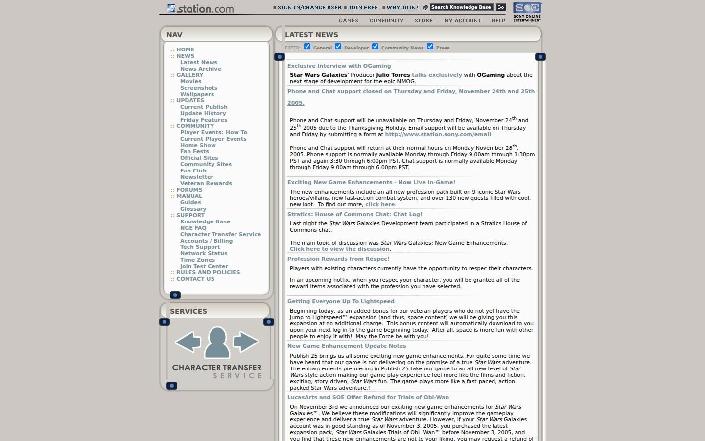 Sony Online Entertainment website screenshot: Star Wars Galaxies — Players